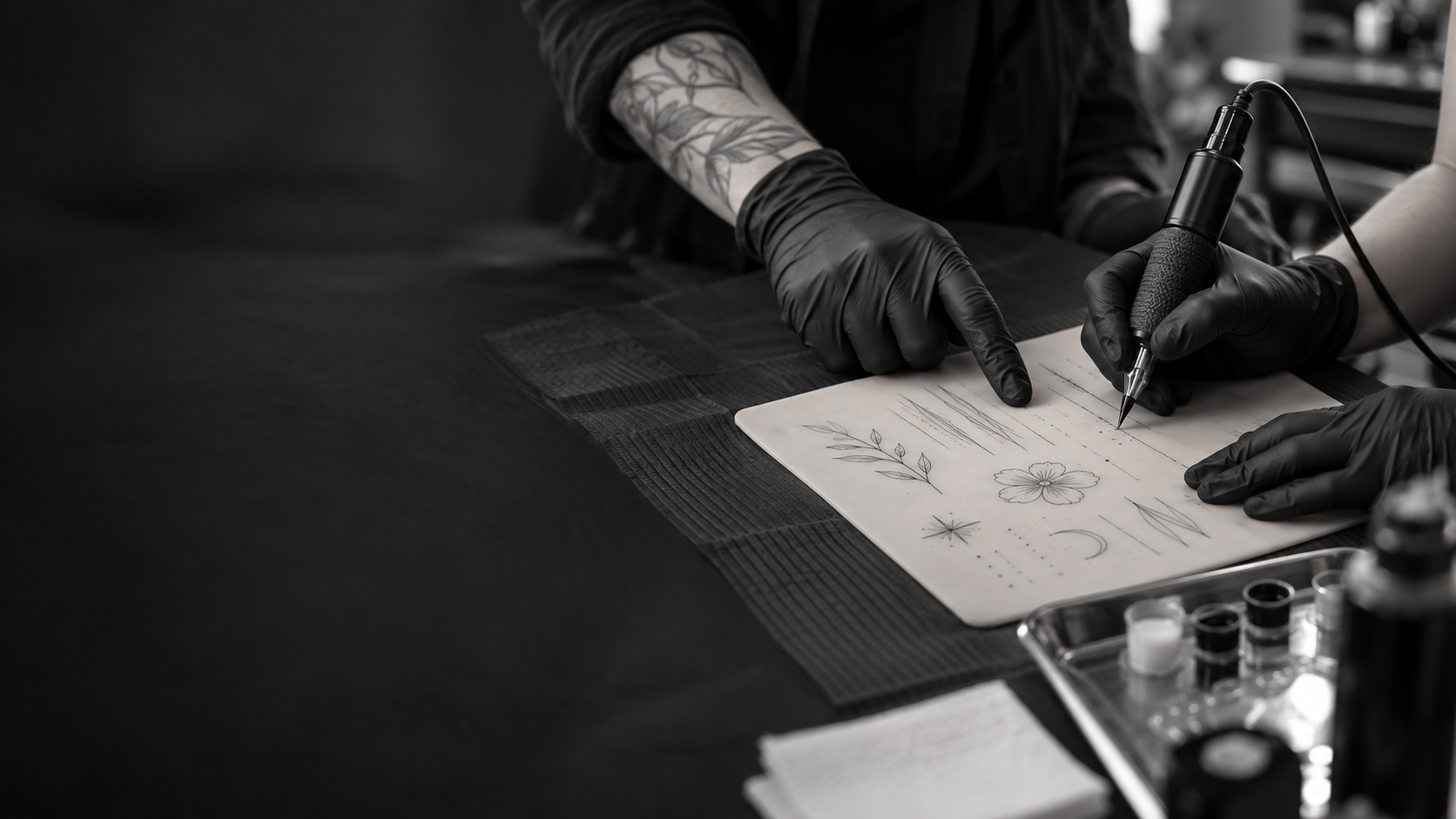Photo illustrative d’un cours de tatouage : une formatrice guide les gestes d’un élève sur une peau synthétique.